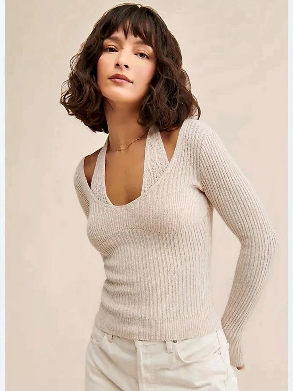 Pistola Ribbed V-Neck Sweater in Beige Size Small Like New